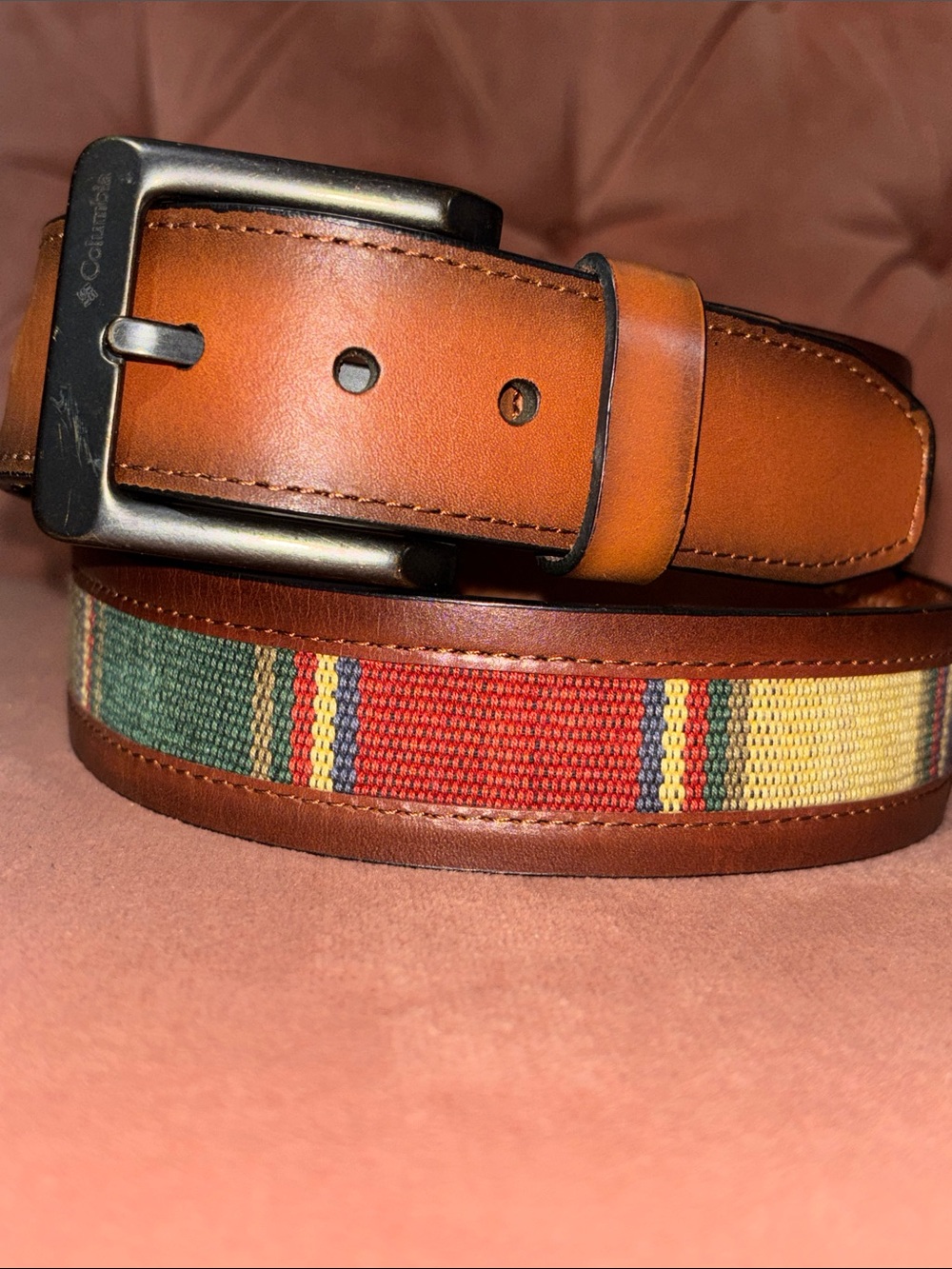 Columbia wide leather belt with Guatemalan fabric inlay bohemian belt LG 38-40